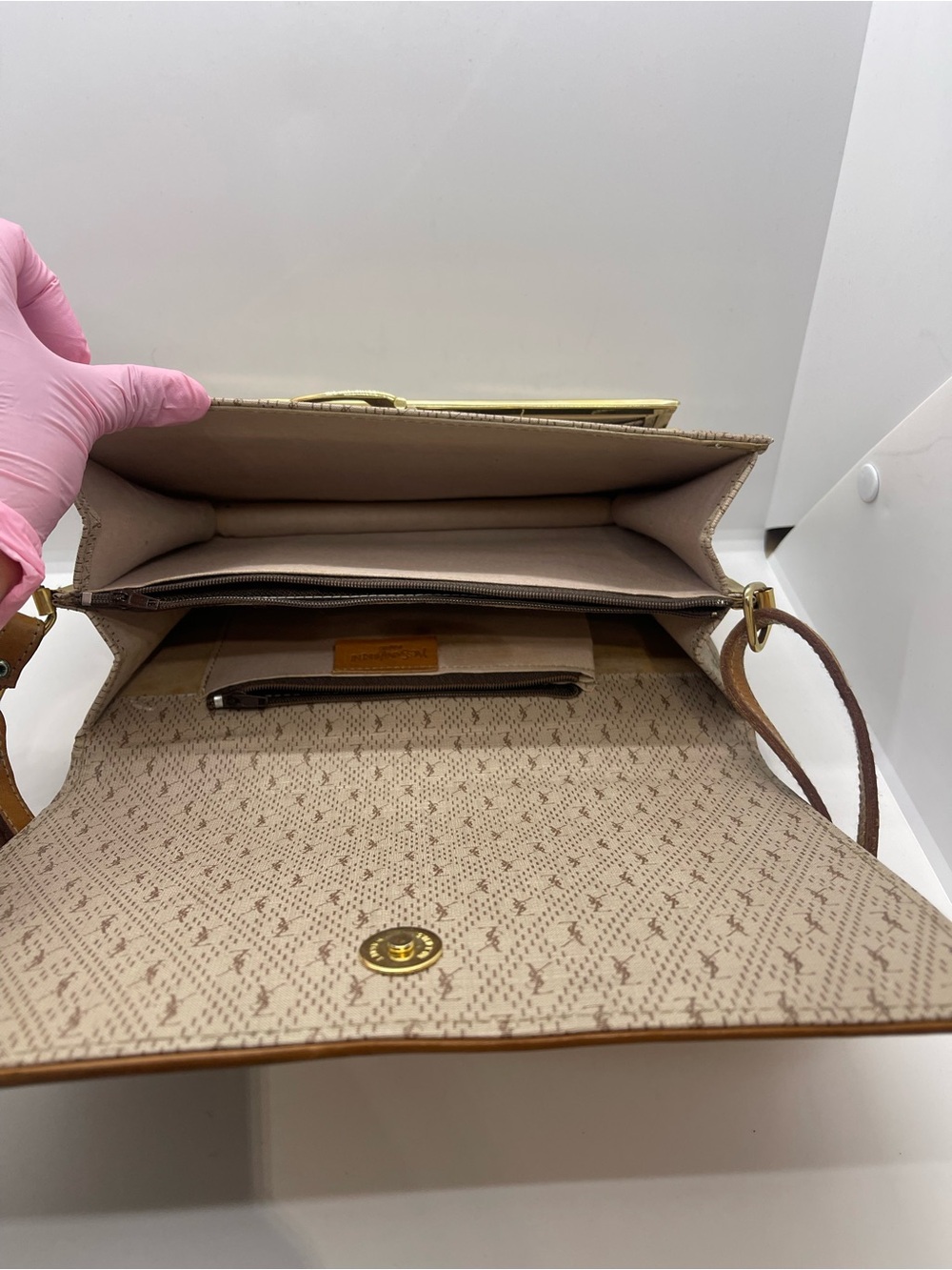 Yves Saint Laurent Beige and Brown Shoulder Bag with Monogram Trim - Picture 15 of 16